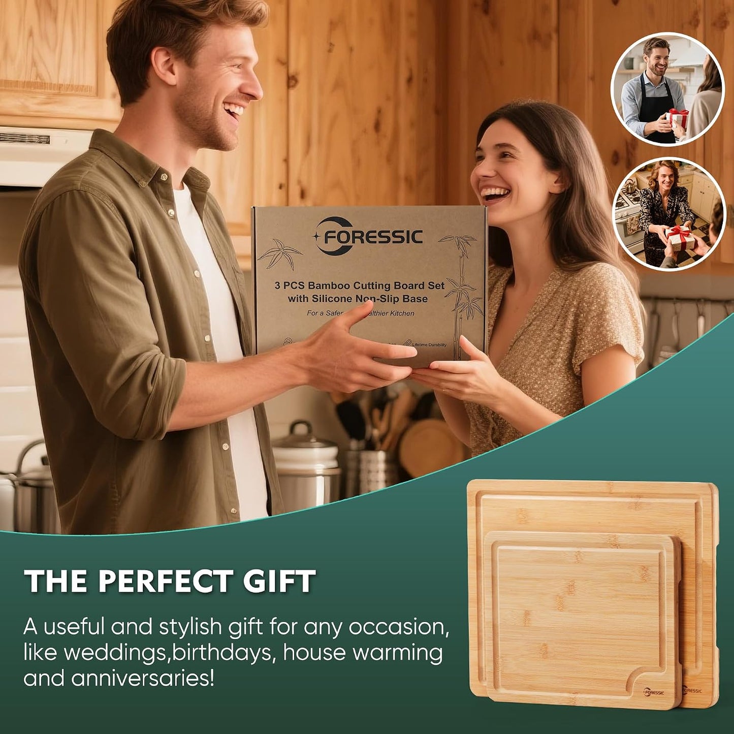 Wood Cutting Board Carbonized Bamboo Set With Smooth Surface Set 4 Packs with Non Slip Feet Holder and Over Sink Solid Thick Durable Wood Charcuterie Cheese Serving Tray Kitchen Gadgets (Carbonized)