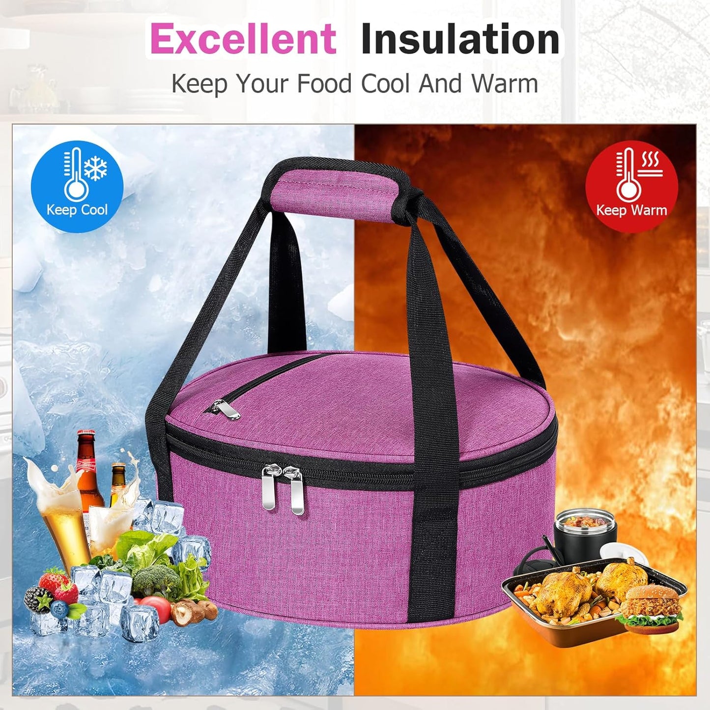 Round Insulated Casserole Carrier – 12" Portable Pie Carrier Bag for Hot or Cold Food, Leakproof Thermal Lunch Tote with Handle for Parties Picnic & Travel - Grey