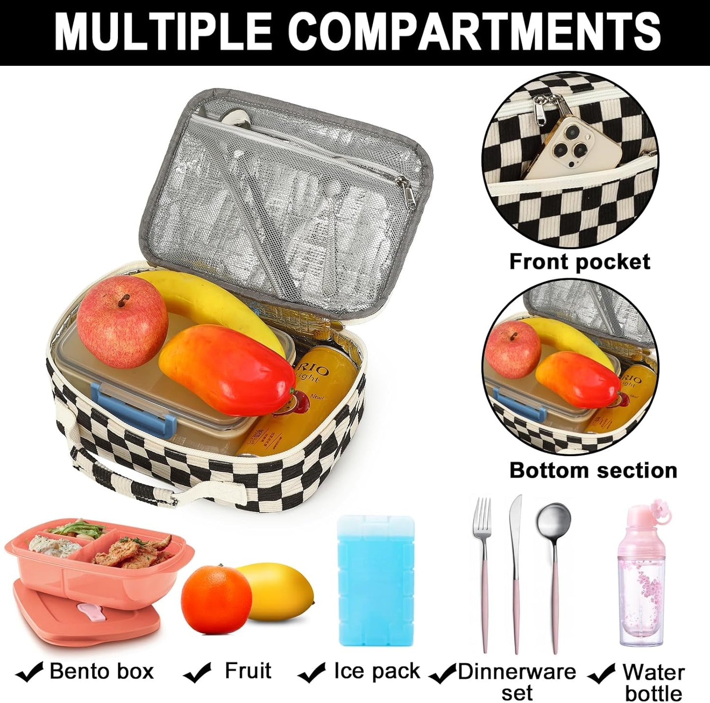 Bluboon Insulated Lunch Bag for Girls & Boys, Corduroy School Lunch Box with Cooler & Organizer Compartments, Leak-Proof Lunch Tote for School, Travel (Corduroy Strawberries Beige)