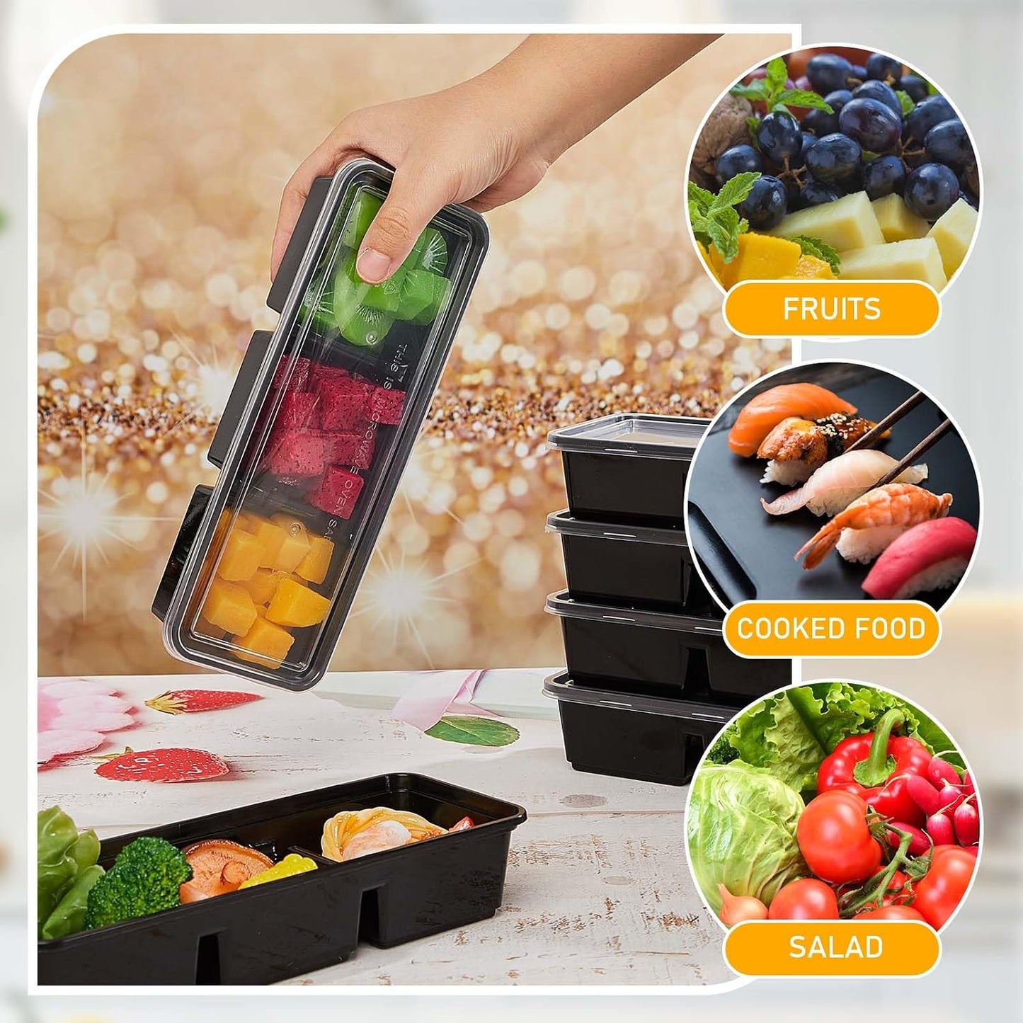 Hushee 50 Pack 17 oz Small Meal Prep Containers with 3 Compartments Snack Containers with Lid Disposable Plastic Bento Box Travel Lunch Food Boxes Stackable for Office Picnic (Clear)