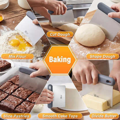 Bench & Dough Scraper Set of 4, Flexible Stainless Steel Kitchen Scraper with Platinum Silicone Non-Slip Grip, Multipurpose Food Scraper for Dough, Dishwasher Safe, Measuring Scale & Conversion Chart