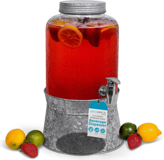 BIRDROCK HOME 2.5 Gallon Pebbled Glass Beverage Dispenser w/Galvanized Stand - Spigot - Large Jar for Water, Lemonade, Sangria, Iced Tea, Punch, Cocktail Drinks - Mason Style Jug for Parties