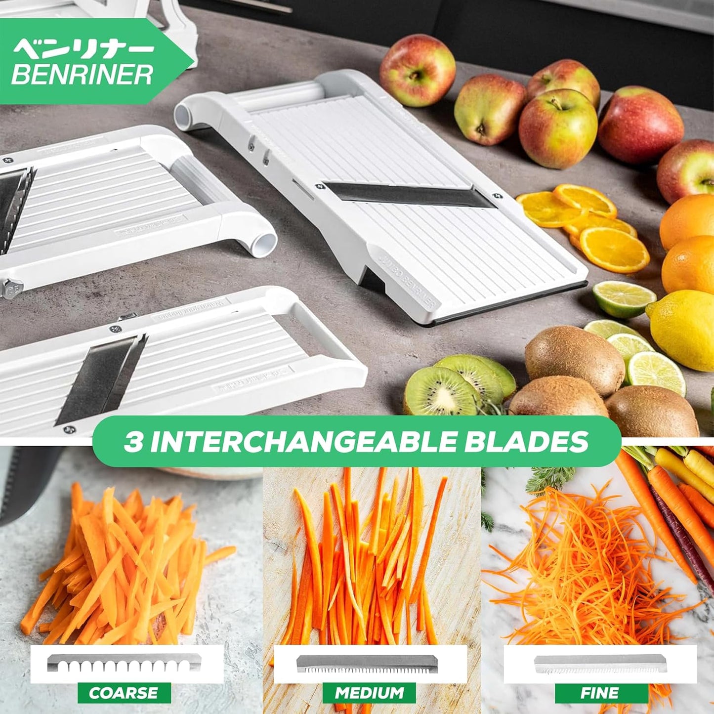 Benriner Mandoline Slicer with 4 Blades, Japanese Stainless Steel, BPA Free, 12.75 x 3.625-Inches, Beige