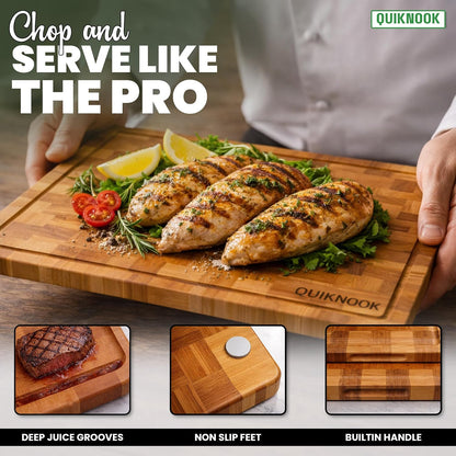 Bamboo Cutting Board Set of 3 with Holder | Non-Slip End Grain Chopping Block | Heavy-Duty Knife-Safe Bamboo Wood Cutting Boards for Kitchen Prep | Deep Juice Groove for Meat Veggies & Fruits