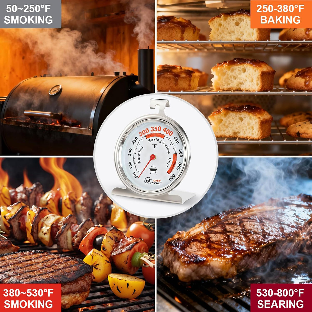 Oven Thermometer 3-Inch Large Dial, 100-600°F, Hook & Stand 2‑Pack