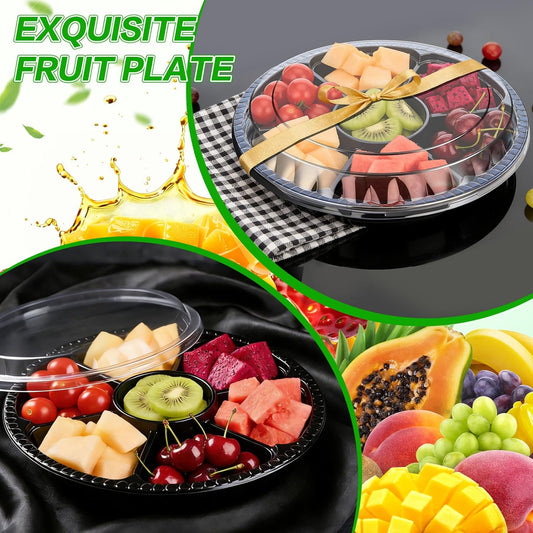10 Pcs Round Plastic Appetizer Tray with Lid Divided Serving Tray Disposable Food Storage Trays Containers Plastic Tray Storage Snack Fruit Vegetable Trays for Party (black, 13.7 x 13.7 x 2 Inch)