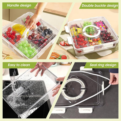 Divided Serving Tray with Lid & Handle, 4 Compartment Removable Snack Box, Kitchen Organizers and Storage, Snackle Box Container, BPA-Free Fruit Storage Container for Berry, Snack, Candy, Nuts…