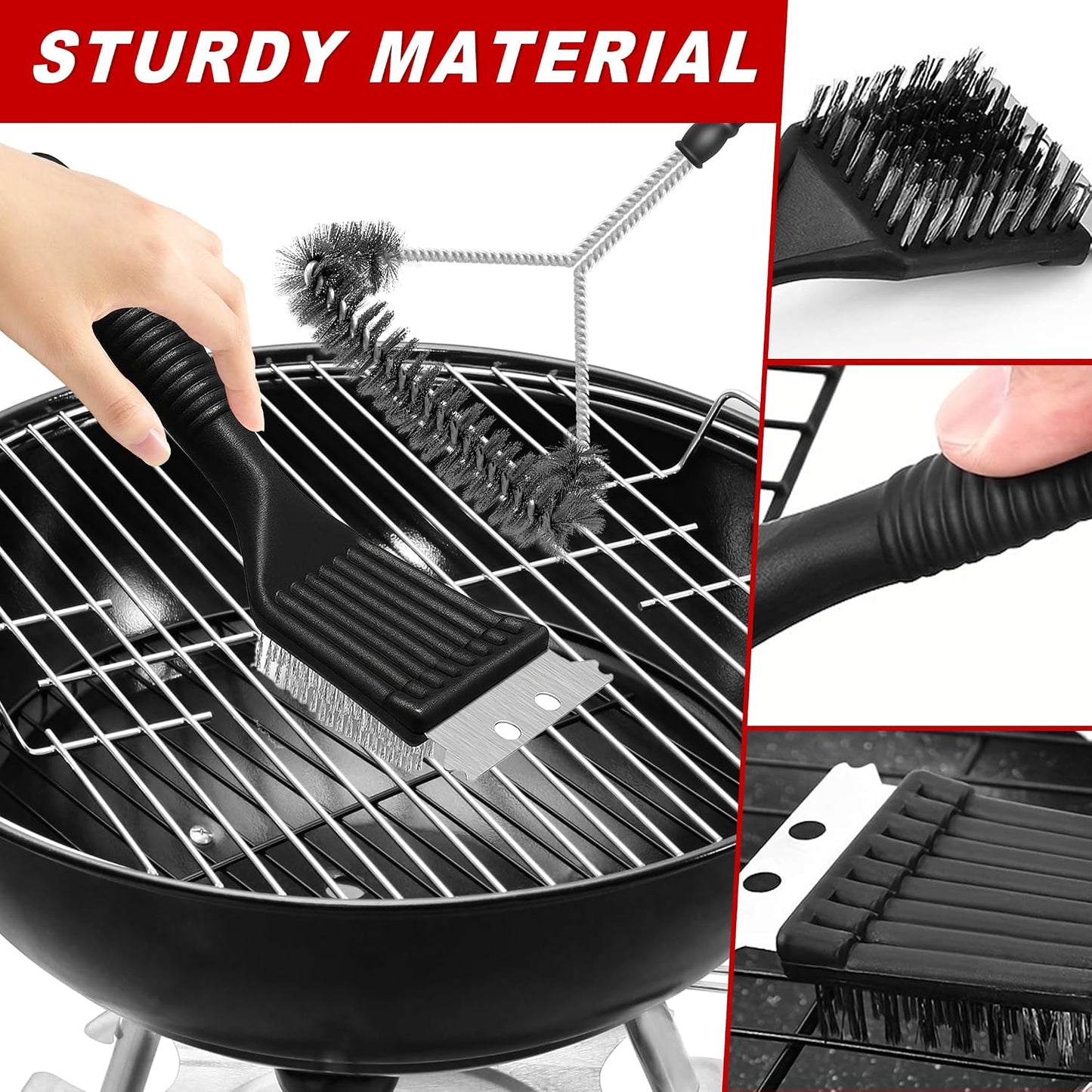 BBQ Master 4-Piece Grill Cleaning Kit, Heavy Duty Wire Brush and Scraper Set with Silicone Basting Brushes, Black and Red, 8.22 Inch Length, for Gas and Charcoal Grills