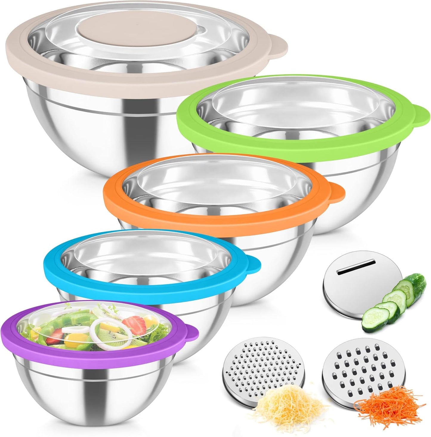 TeamFar Mixing Bowls, Stainless Steel Salad Serving Bowl with Clear Lids & 3 Graters, For Kitchen Cooking Prepping Storing, Size 4.6/2.6/1.5/1/0.7 QT, Nesting & Airtight, Set of 5 & Khaki