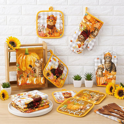 SiliFine 12 Pcs Fall Pumpkin Kitchen Towels Oven Mitts Pot Holders Set