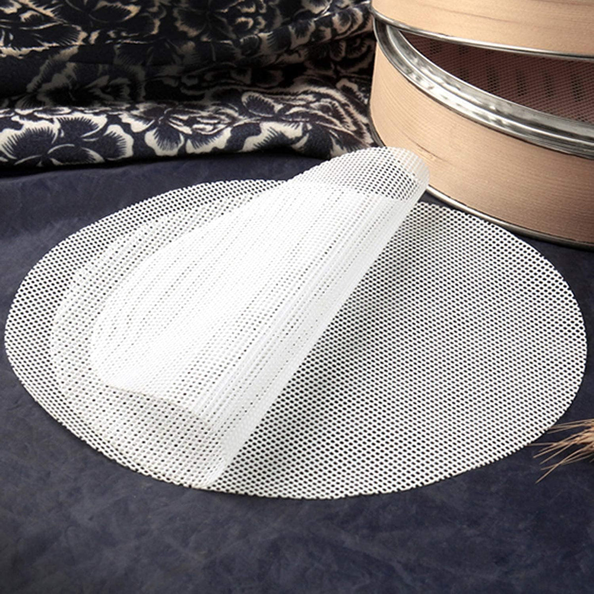 GUCUJI 10 Inch Silicone Bamboo Steamer Liners - Non-Stick, Reusable Steamer Mesh Mats for Steamed Buns, Dumplings, veggies, Dim Sum, Momo, Rice, and fish - Food Grade BPA Free (4Pcs)