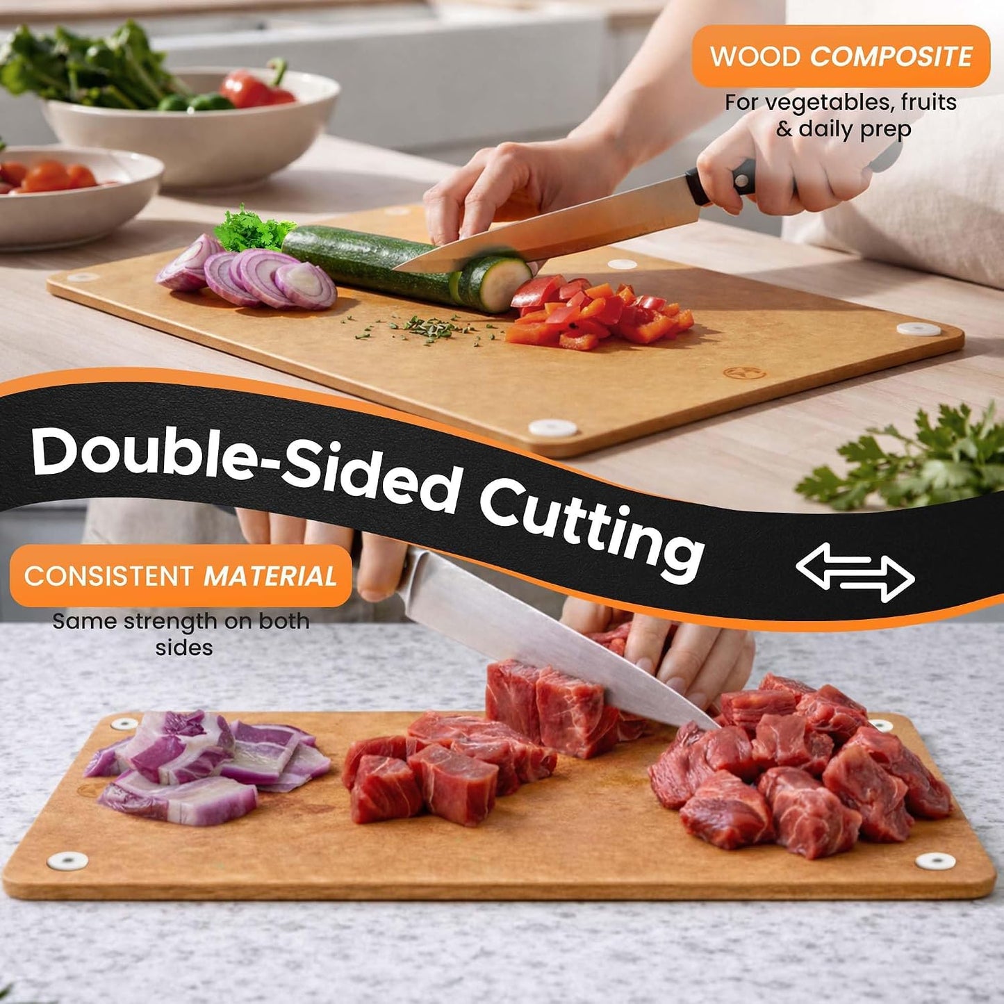 Earth's Dreams Composite Wood Cutting Board Set of 3 – Built In Juice Groove, Dishwasher Safe,Cutting Boards for Kitchen – Large, Medium & Small Non-Slip Wood Charcuterie & Chopping Boards (Tan/Black)