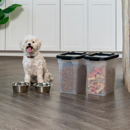 IRIS USA Dog Food Storage Container, 2 Pack, Up to 30 lbs Each, Airtight Seal for Freshness, Wheels for Rolling, Easy One Hand Opening, Made in USA, BPA Free, Clear/Black
