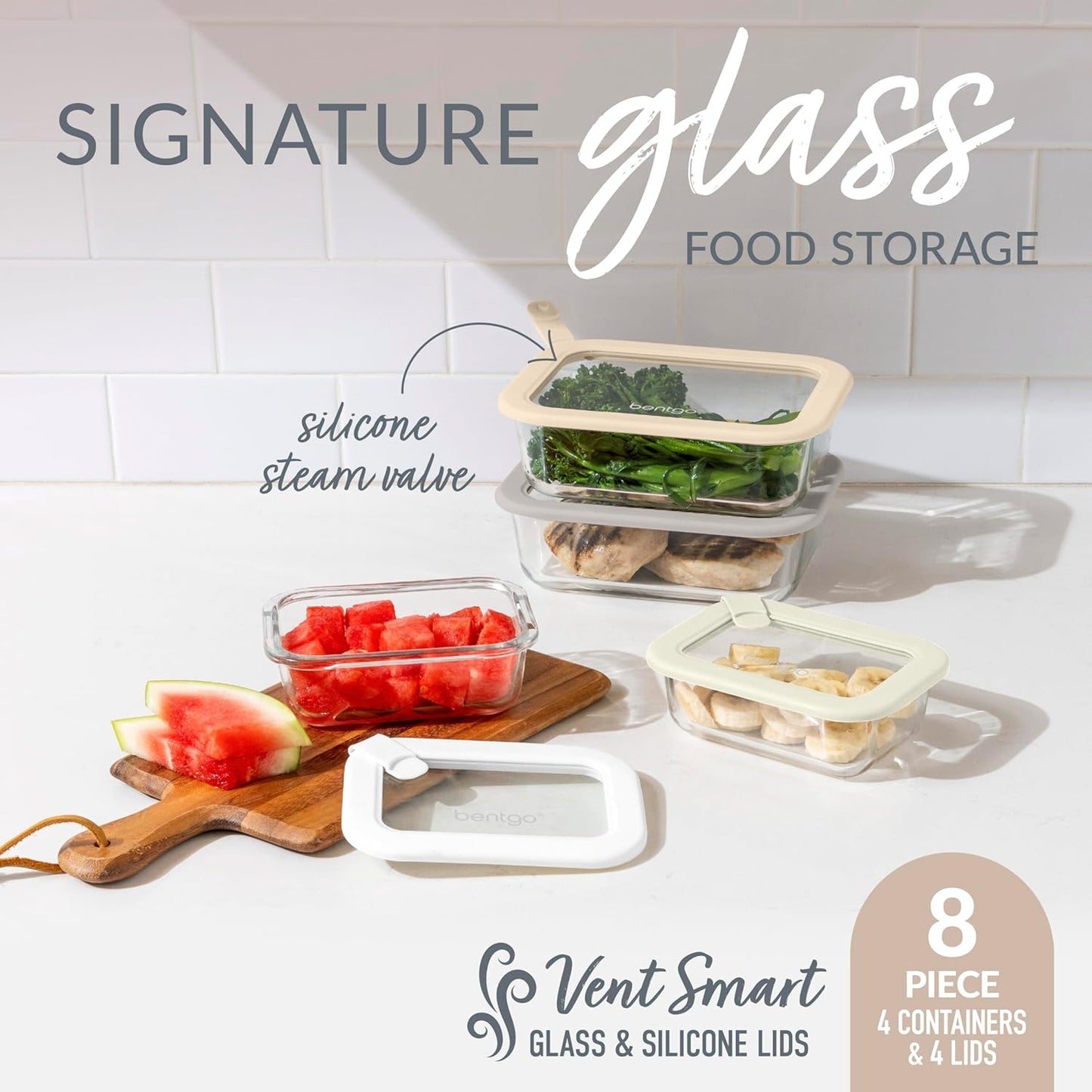 Bentgo Signature Leak-Proof Glass Food Storage - 4-Piece Set, 1-Compartment Plastic-Free Containers with Airtight Glass Lids, BPA-Free, Microwave, Freezer, Oven & Dishwasher Safe (White Stone)