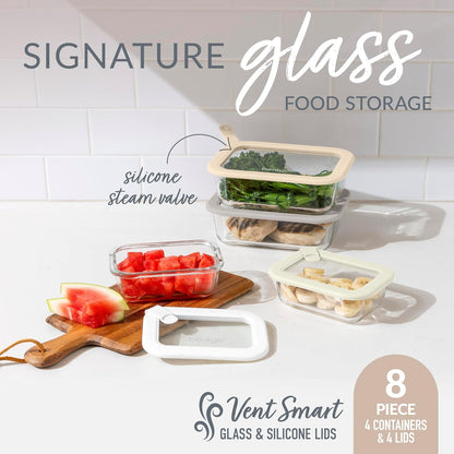 Bentgo Signature Leak-Proof Glass Food Storage - 4-Piece Set, 1-Compartment Plastic-Free Containers with Airtight Glass Lids, BPA-Free, Microwave, Freezer, Oven & Dishwasher Safe (White Stone)