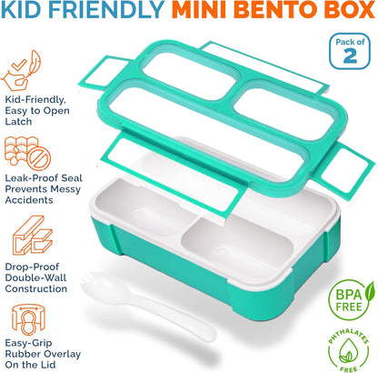 Small Snack Containers for Kids Toddlers - 3 Compartments (Set of 2) - Leak-Proof Reusable Boxes with Lids - BPA-Free Plastic Mini Bento Lunch Box - Holds 2 Cups Capacity (Pastel Blue+Teal Sparkle)