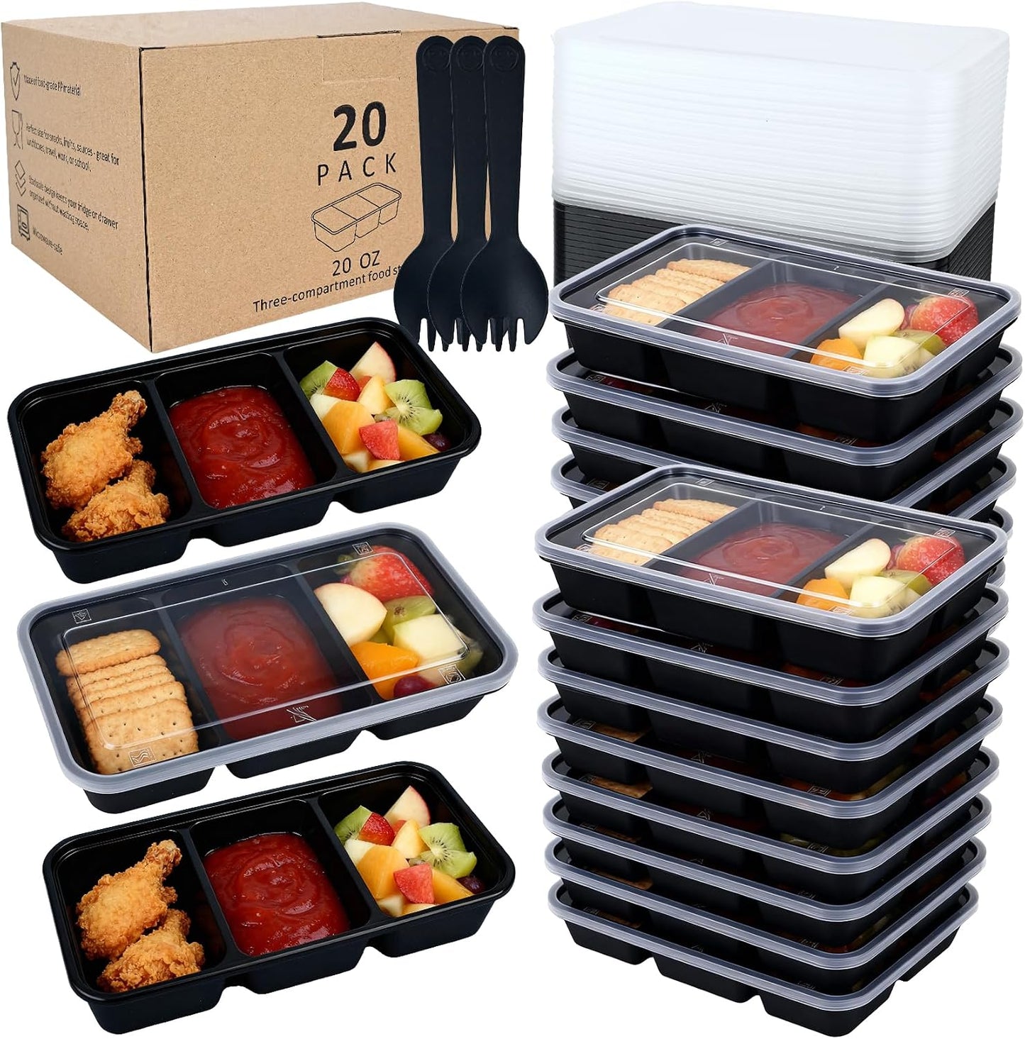 20 Sets Reusable Snack Containers Meal Prep Containers 3 Compartment Condiment Container With Lids Snackle Box Container Portion Control for Refrigeration Sauce,Outdoor Takeaway,Travel(Black)