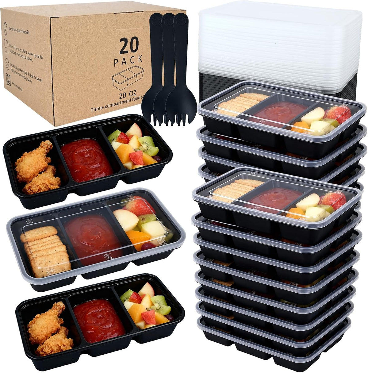 20 Sets Reusable Snack Containers Meal Prep Containers 3 Compartment Condiment Container With Lids Snackle Box Container Portion Control for Refrigeration Sauce,Outdoor Takeaway,Travel(Black)