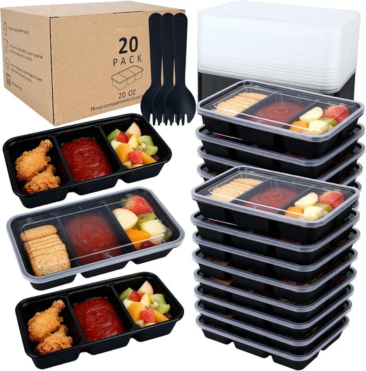20 Sets Reusable Snack Containers Meal Prep Containers 3 Compartment Condiment Container With Lids Snackle Box Container Portion Control for Refrigeration Sauce,Outdoor Takeaway,Travel(Black)