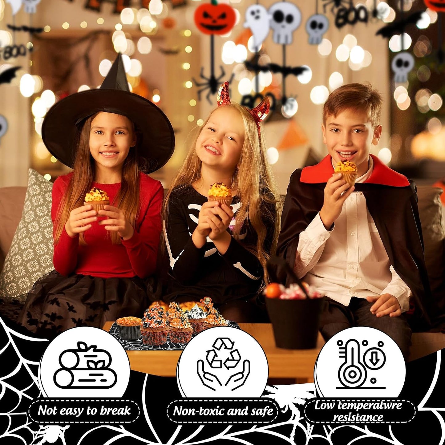 Whaline 3 Pcs Halloween Serving Trays Black White Spider Webs Reusable Melamine Trays Platters for Movie Night Birthday Holiday Party Food Supplies, 10 x 13 Inch