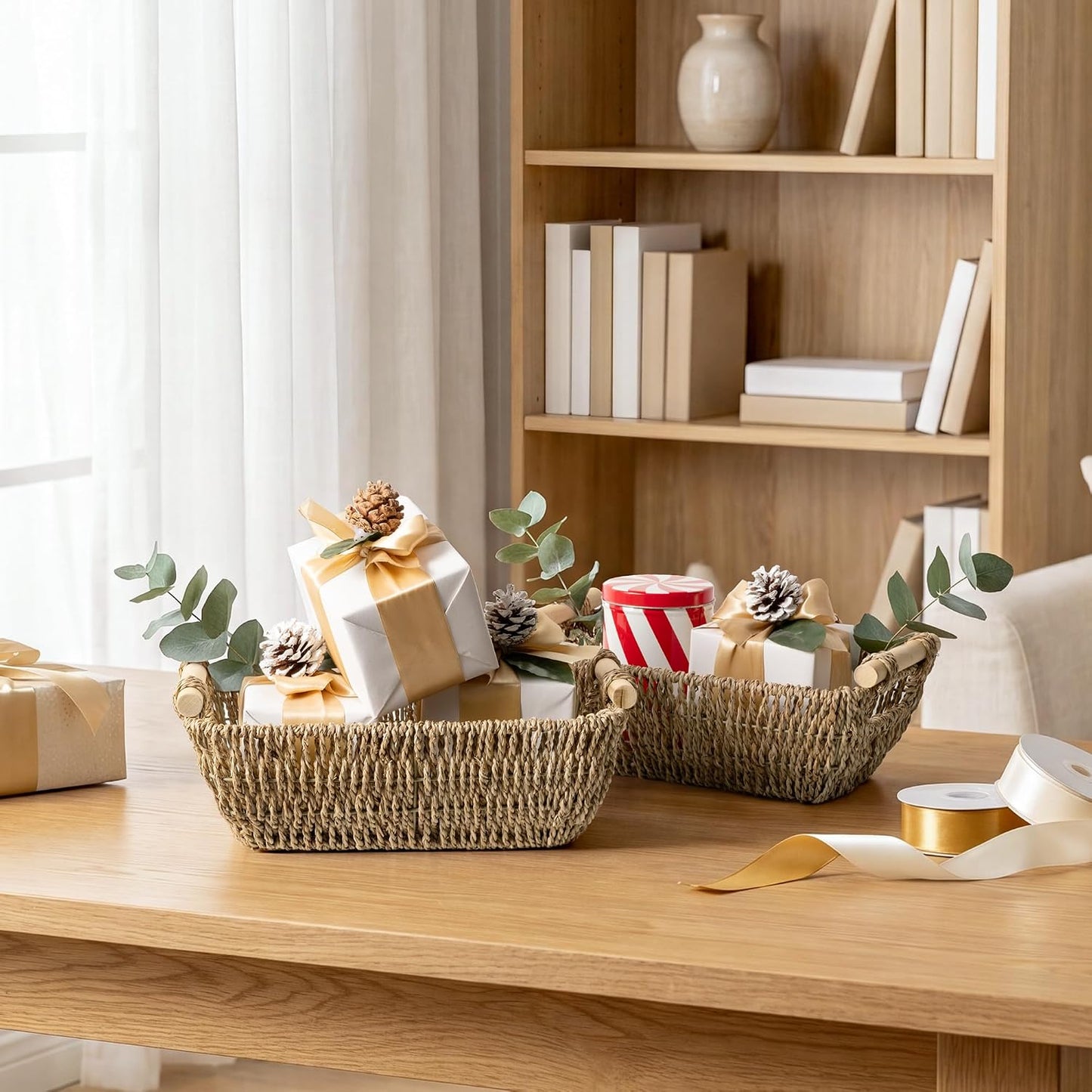 StorageWorks Hand-Woven Storage Baskets with Wooden Handles, Water Hyacinth Wicker Baskets for Organizing, 2 Pack
