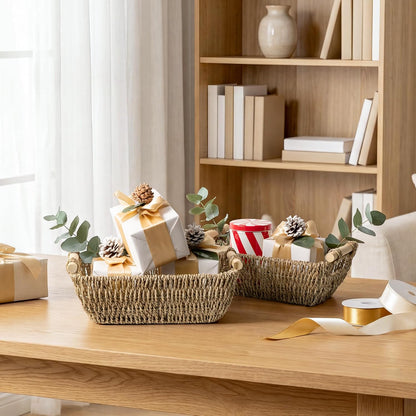 StorageWorks Hand-Woven Storage Baskets with Wooden Handles, Water Hyacinth Wicker Baskets for Organizing, 2 Pack