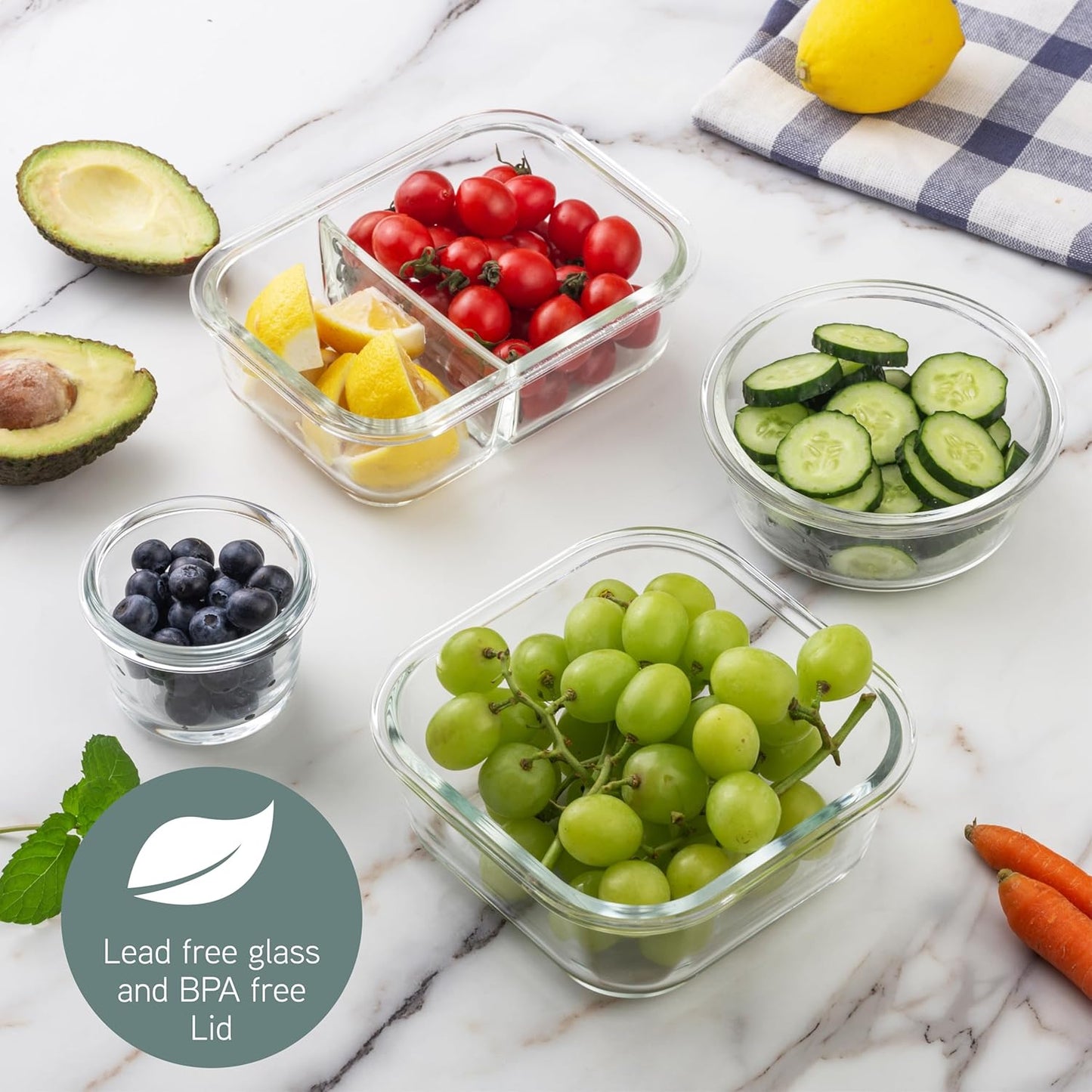 COOK WITH COLOR Premium 32-Pc. Borosilicate Glass Food Container Set with Dividers - 4 Rectangles, 8 Rounds, 4 Squares - Leakproof Lids - Meal Prep, Storage, Fluted Ombre Green