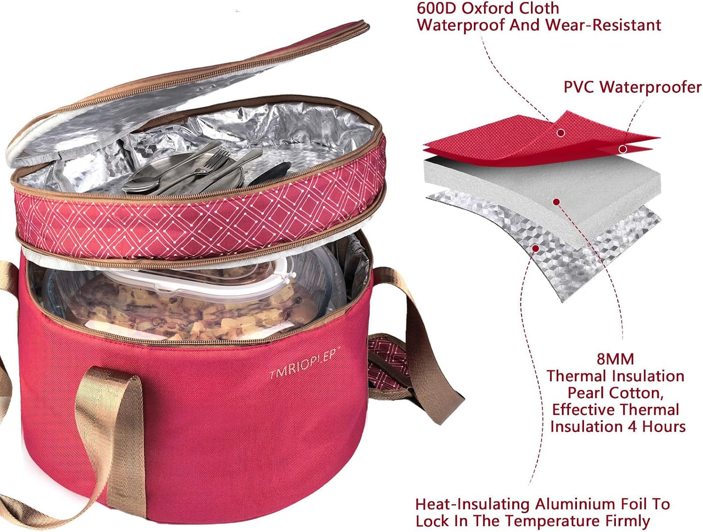 Pie Carrier With A Lid And Handle, With A Hard Edge That Won'T Collapse, Round Insulated Casserole Carrier,It Is Suitable For The Safe Transportation Of Cold And Hot Food (Red)