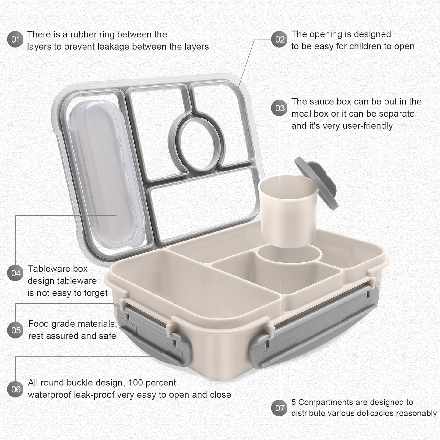 Amathley Bento Box Adult Lunch Box Kids,Lunch Containers for Adults/Kids/Toddler,5 Compartments Bento Lunch Box with Sauce Vontainers,Microwave & Dishwasher & Freezer Safe,BPA-Free (Blue)