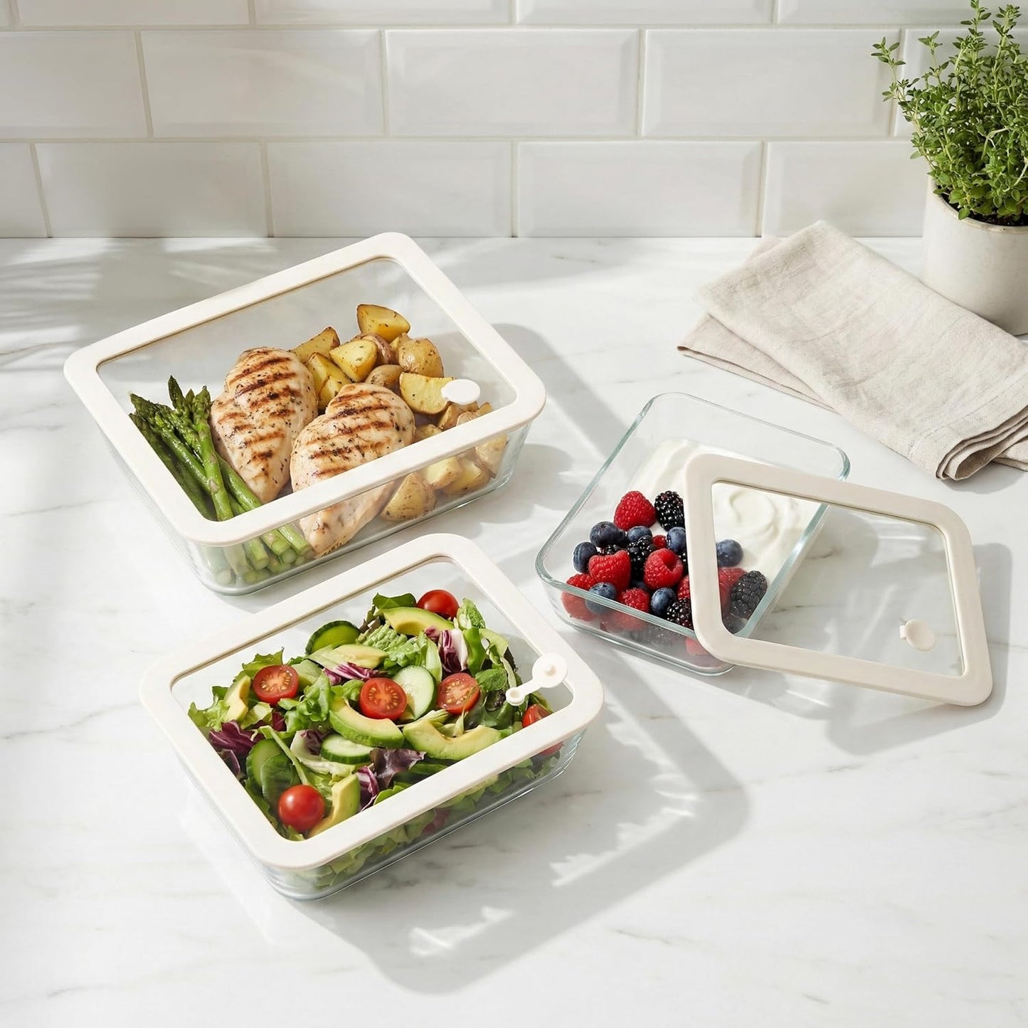Urban Green Glass Food Container Set with Glass Lid, 3 Pack, Food Storage Containers Set, Airtight, LeakProof, 100% Plastic Free, Meal Prep Containers (White Color)