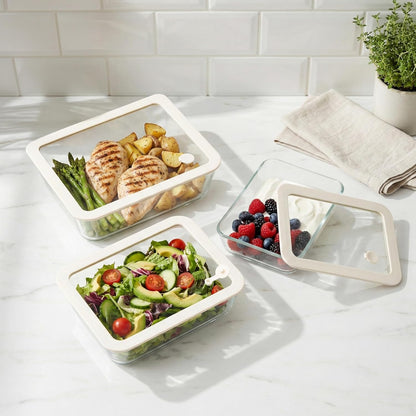 Urban Green Glass Food Container Set with Glass Lid, 3 Pack, Food Storage Containers Set, Airtight, LeakProof, 100% Plastic Free, Meal Prep Containers (White Color)