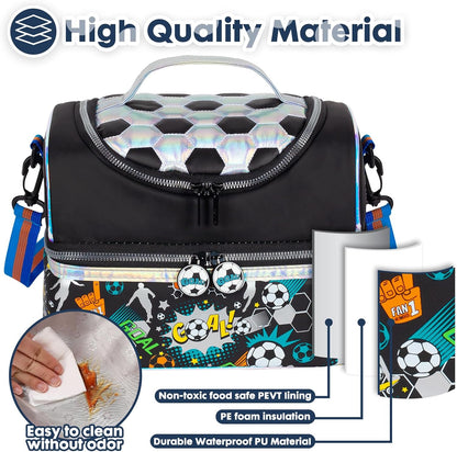 Kids Double Decker Cooler Insulated Lunch Bag, Back to School Large Meal Tote for Boys, Girls, Men, Women, with Adjustable Strap, Soccer