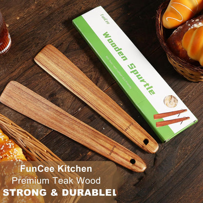 2 Pack Teak Wood Spatula, 12 Inch Wooden Spoons for Cooking, Sourdough Starter, Flat Steak Turner, Dough Whisk Spurtle Baking Utensil, Heat Resistant Spatulas for Cast Iron Flipping, stirring, Turning