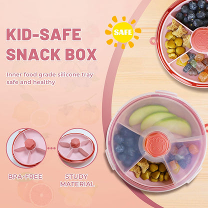 KingKam Kids Snack Spinner Containers, Reusable Toddler Spin Snack Container Box with 4 Compartments & Lid, BPA Free Food Grade Silicone Tray Dishwasher Safe, Travel Snacking Accessories (Blue/Green)