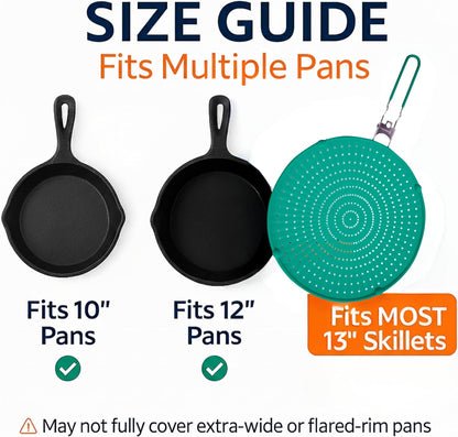 Silicone Splatter Screen for Frying Pan, 13” Navy – Grease & Oil Splatter Guard, Heat Resistant, Dishwasher Safe, Foldable Handle with Sleeves – Splash Guard Fits 10–12” Pans, Most 13” Skillets