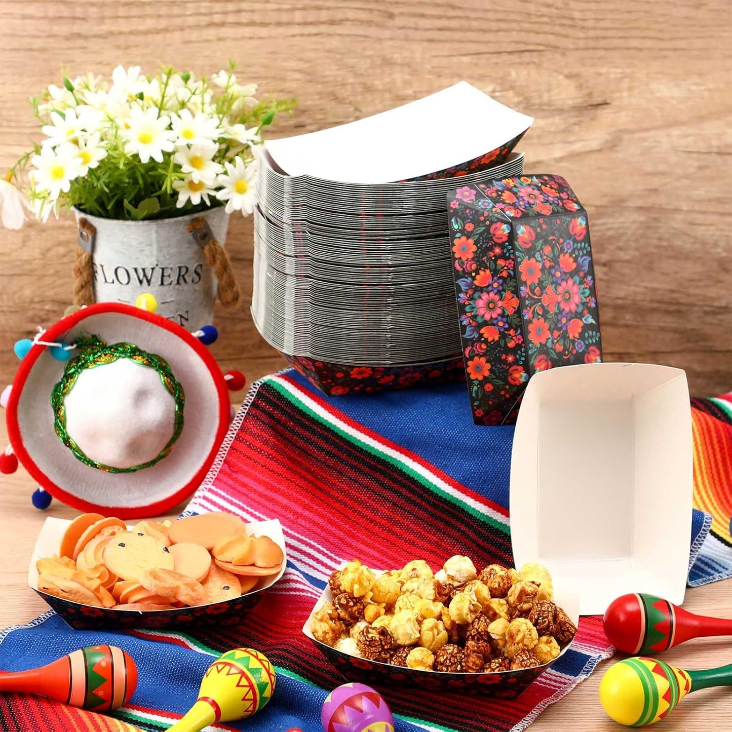 Gejoy 100 Pcs 2 lb Mexican Paper Food Trays Disposable Fiesta Nacho Trays Taco Nights Snack Boats Carnival Food Container Popcorn Holder for Festival Birthday Supplies(Classic)