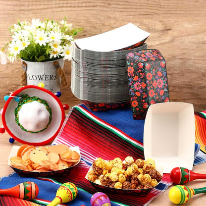 Gejoy 100 Pcs 2 lb Mexican Paper Food Trays Disposable Fiesta Nacho Trays Taco Nights Snack Boats Carnival Food Container Popcorn Holder for Festival Birthday Supplies(Classic)