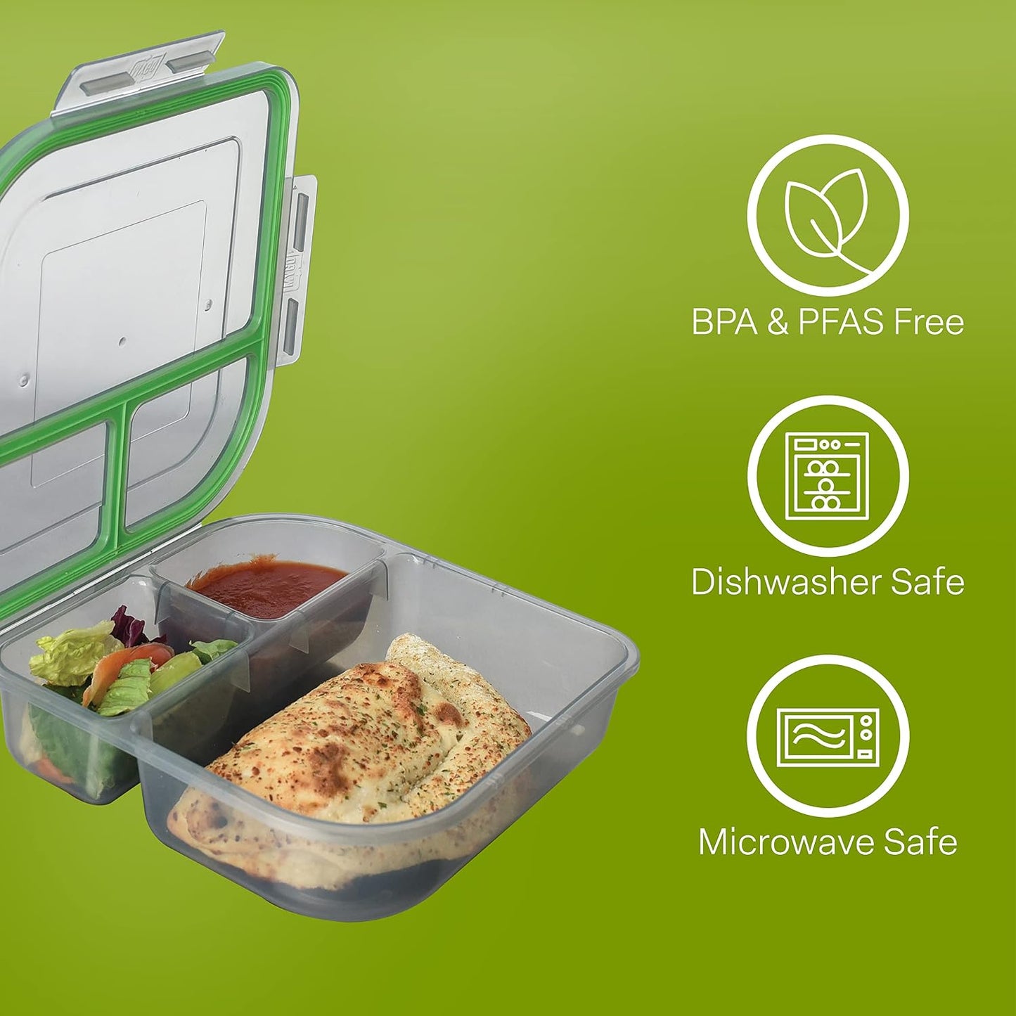 MyGo Container Large To-Go 3-Compartment Food Containers, Pack Of 3, 9-3/8" X 9-3/8" X 2-1/2", Reusable, Microwave Safe, NSF Certified, Smoke/Green