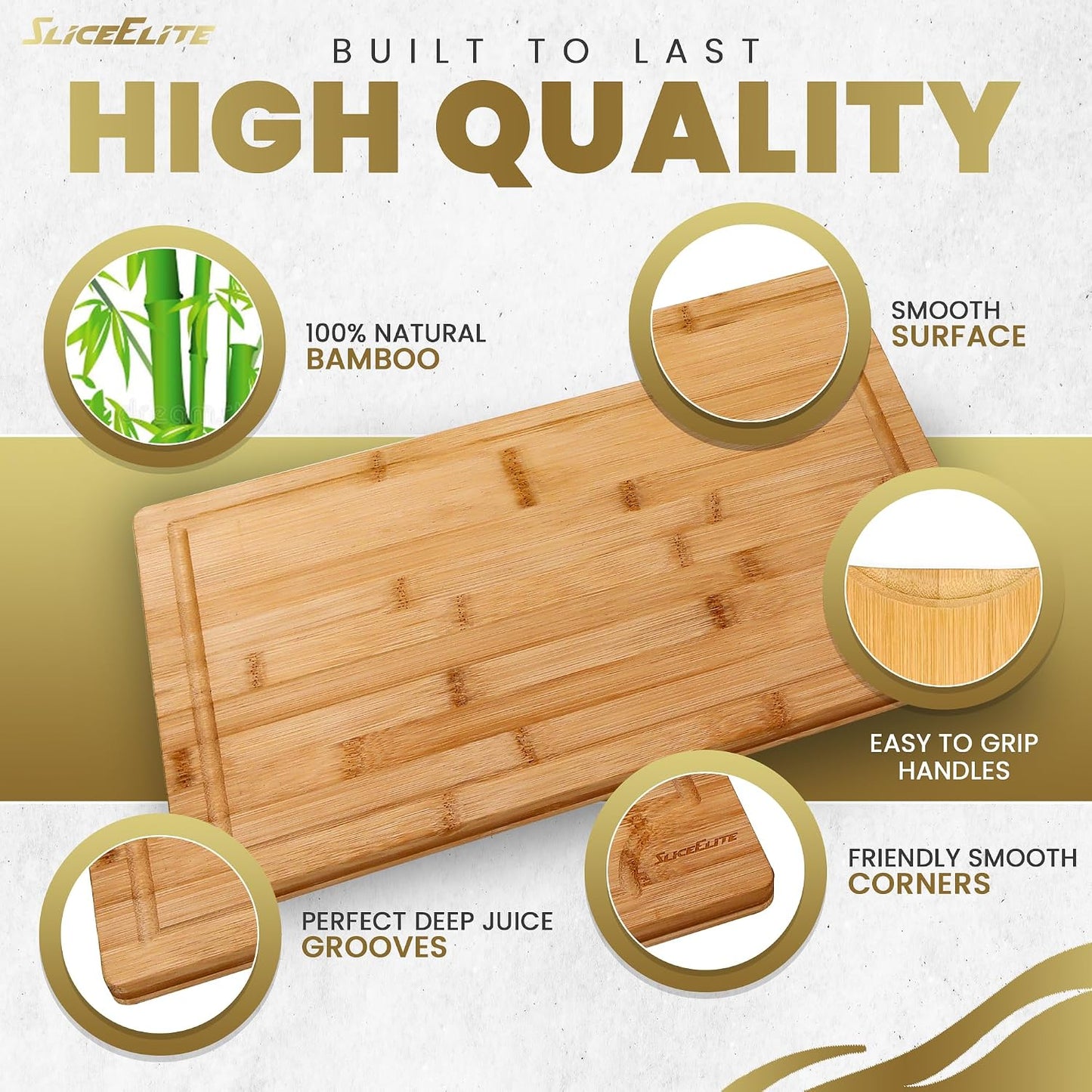 SliceElite Extra Large Bamboo Cutting Board Set 3 Piece End Grain Wooden Chopping Boards with Holder Non Slip Feet Juice Groove XL Butcher Block Style Boards for Kitchen Carving and Serving