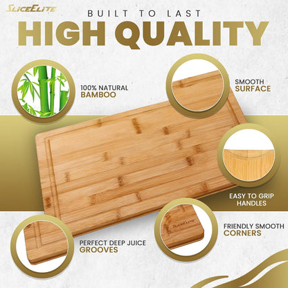 SliceElite Extra Large Bamboo Cutting Board Set 3 Piece End Grain Wooden Chopping Boards with Holder Non Slip Feet Juice Groove XL Butcher Block Style Boards for Kitchen Carving and Serving