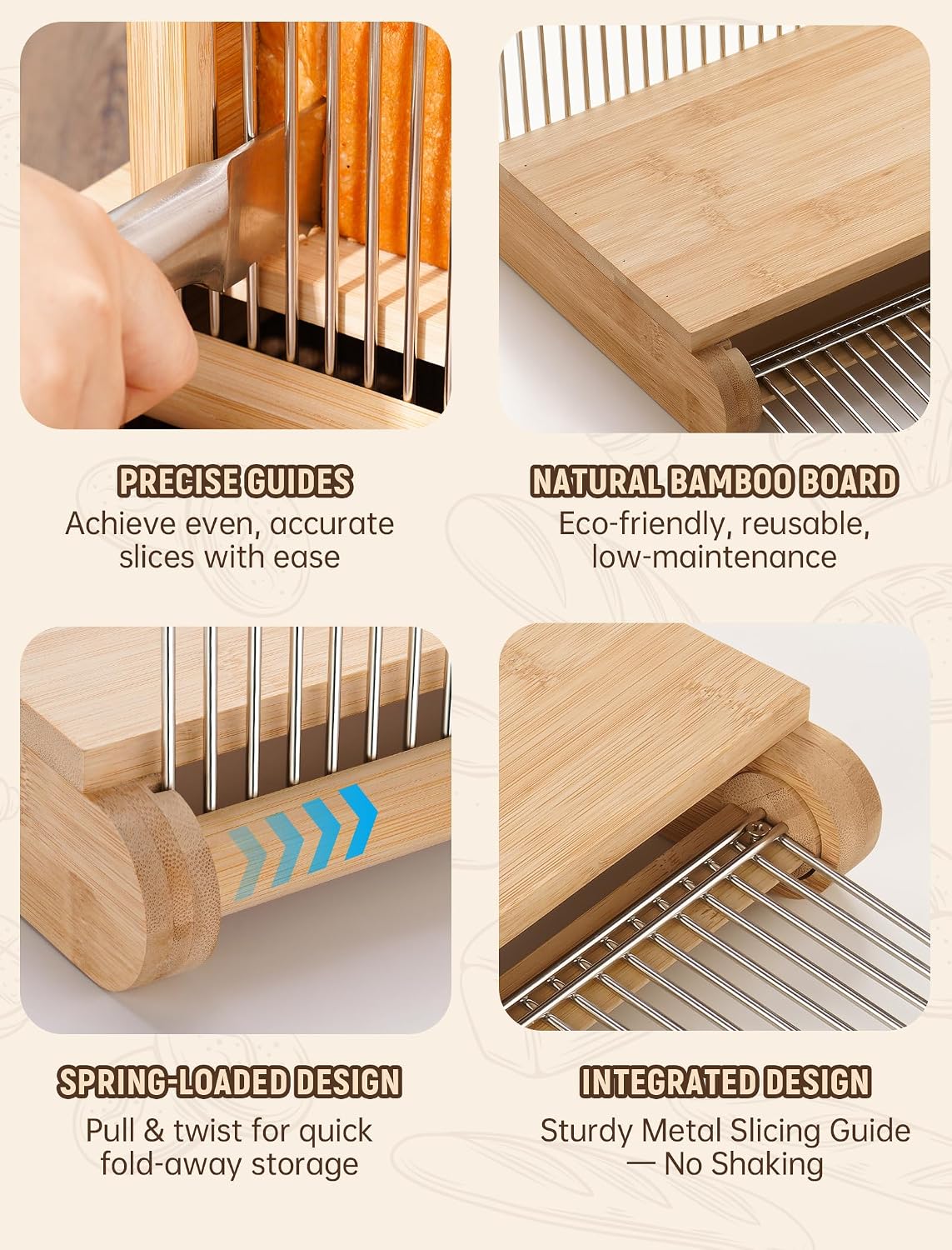 NiHome Bread Slicer for Homemade Bread, Bamboo, Adjustable Thickness