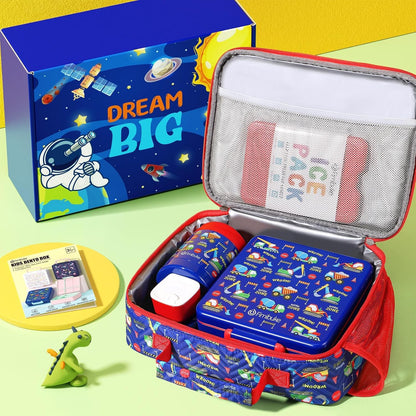 Fimibuke Kids Bento Snack Lunch Box with 4 Compartment, Insulated Lunch Bag, Stainless Steel Vacuum Thermo Food Jar, Ice Pack, Utensils Set, Birthday Gifts for Age 3-12 Back to School Toddler Girl Boy