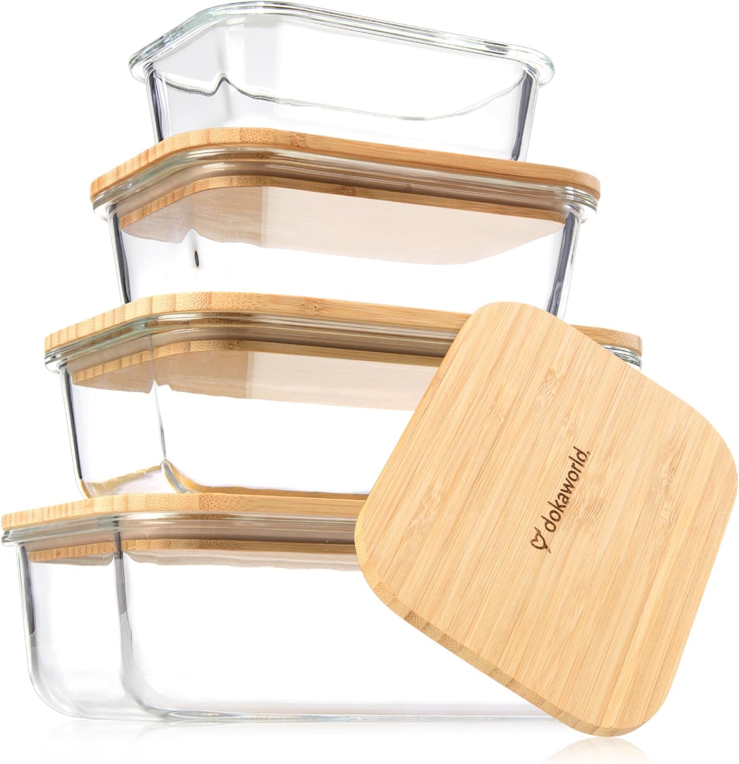 Set of 4 Stackable Space-Saving Nesting Glass Bowls with Airtight Acacia Lids for Lunch, Meal & Food Prep - Microwave & Oven-ready BPA Free Durable Heat Resistant Inert Borosilicate Glass