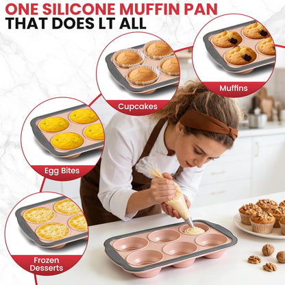 Silicone Muffin Pan for Baking with Metal Reinforced Frame - 6 Cups Regular Size Cupcake Pan Muffin Tins Egg Bite Molds - Nonstick, Easy to Pop, Bakeware for Oven, BPA Free (6-Cups Red)