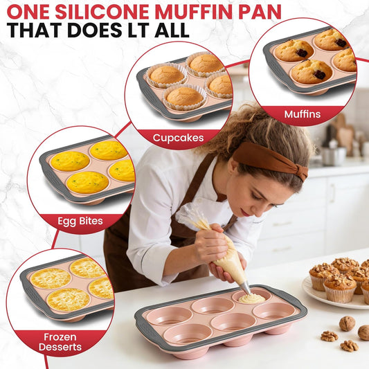 Silicone Muffin Pan for Baking with Metal Reinforced Frame - 6 Cups Regular Size Cupcake Pan Muffin Tins Egg Bite Molds - Nonstick, Easy to Pop, Bakeware for Oven, BPA Free (6-Cups Red)