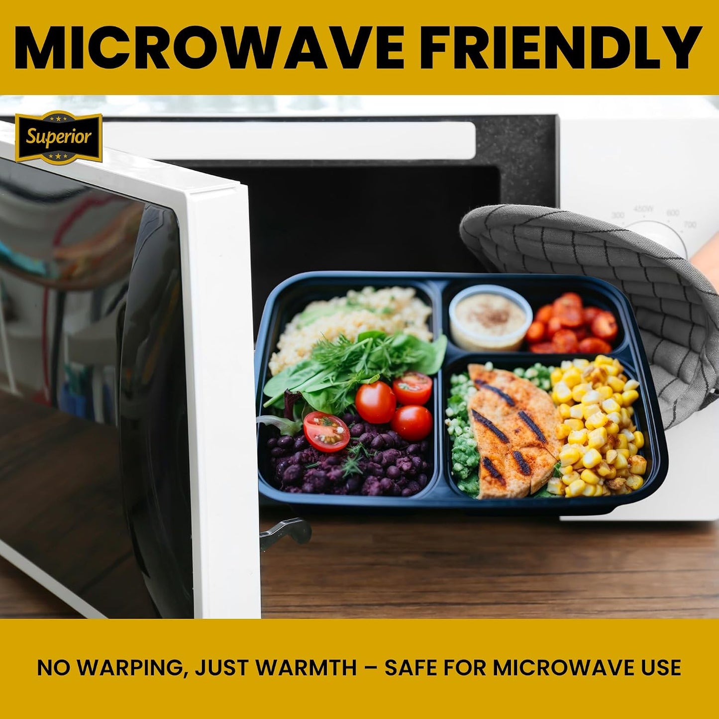Superior 10 Pack Meal Prep Containers - 32oz Reusable 3 Compartment Food Containers–Microwave and Dishwasher Safe Prep Plastic Food Containers with Lid Divided Bento Box Lunch Tray