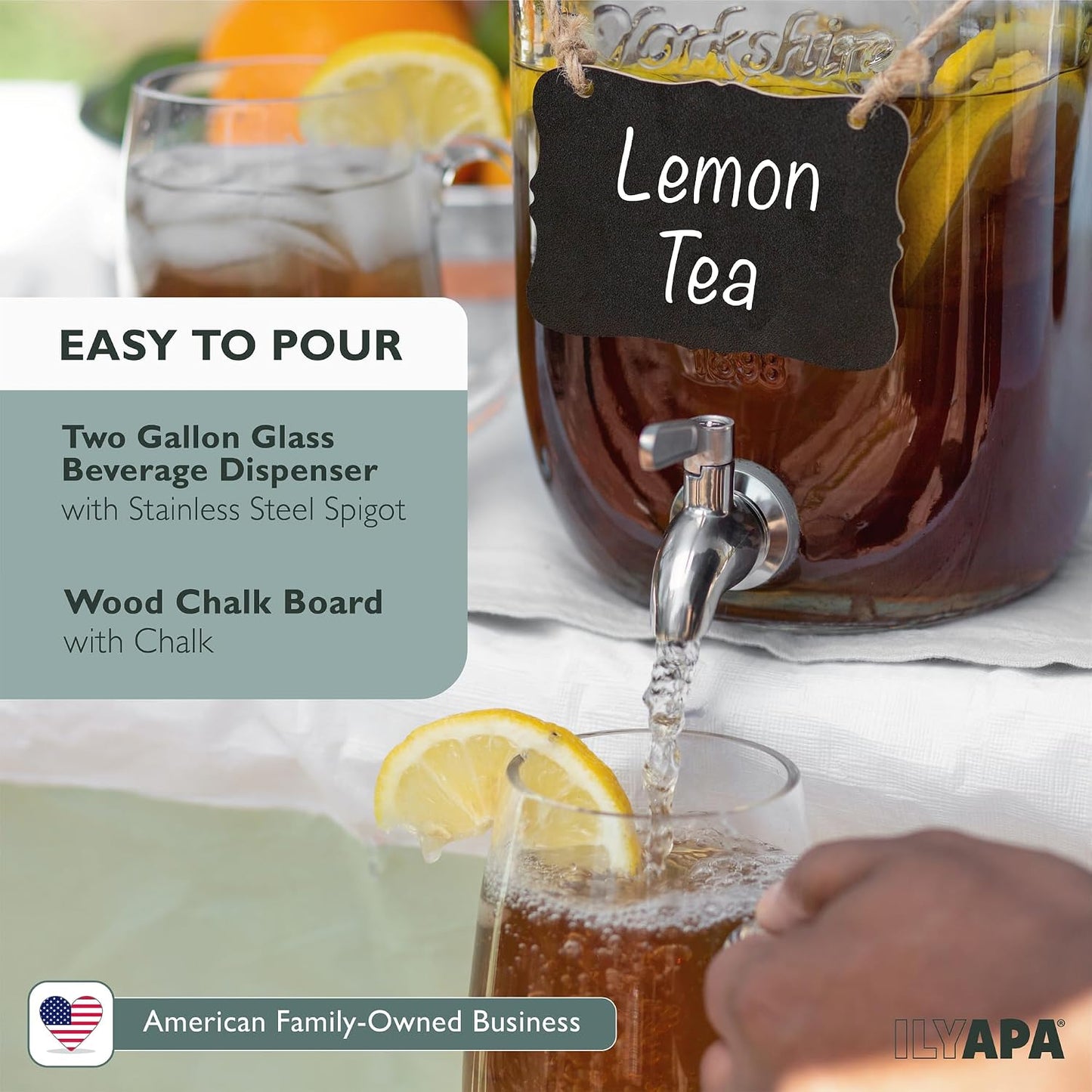 Ilyapa 2 Gallon Glass Beverage Dispenser, Metal Base, Stainless Steel Spigot & Hanging Chalkboard - for Lemonade, Tea, Cold Water & More