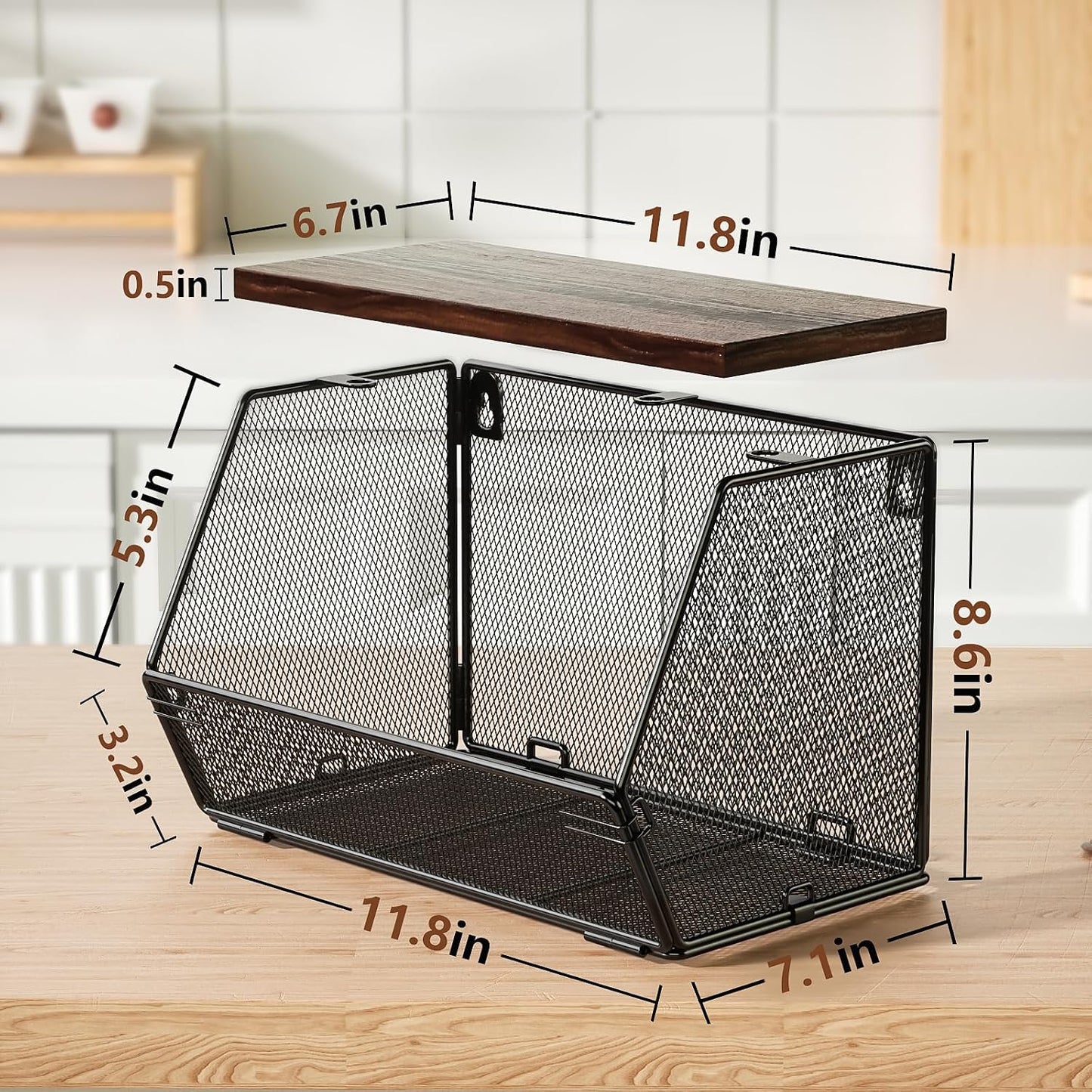 Stackable Fruit Basket for Kitchen Countertop Space Saving, Wall Mounted Mesh Metal Wire Baskets with Wood Lid Extra Storage, 2 Pack Kitchen Counter Organizer for Snack, Onion and Potato Storage