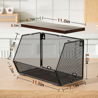 Stackable Fruit Basket for Kitchen Countertop Space Saving, Wall Mounted Mesh Metal Wire Baskets with Wood Lid Extra Storage, 2 Pack Kitchen Counter Organizer for Snack, Onion and Potato Storage