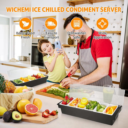 WICHEMI Fruit, Veggie & Condiment Caddy with Lid Dispenser Tray Plastic Garnish Station for Bartending & Serving Taco, Ice Cream, Salad Bar - Topping Organizer for Restaurant Supplies (3 Compartment)